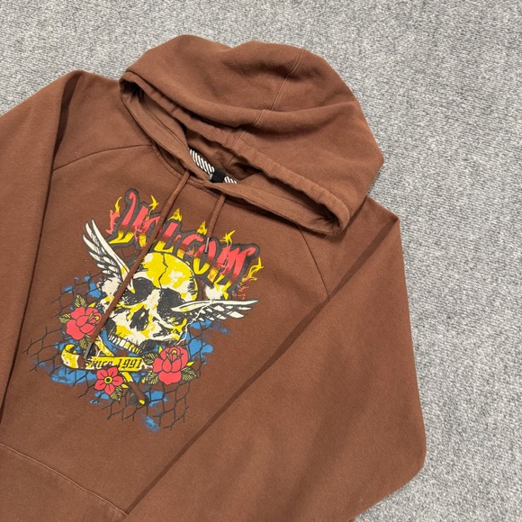 Volcom Hoodie Men's XL Skull Roses Skater 100% Cotton Pullover Brown Y2K - Picture 1 of 13
